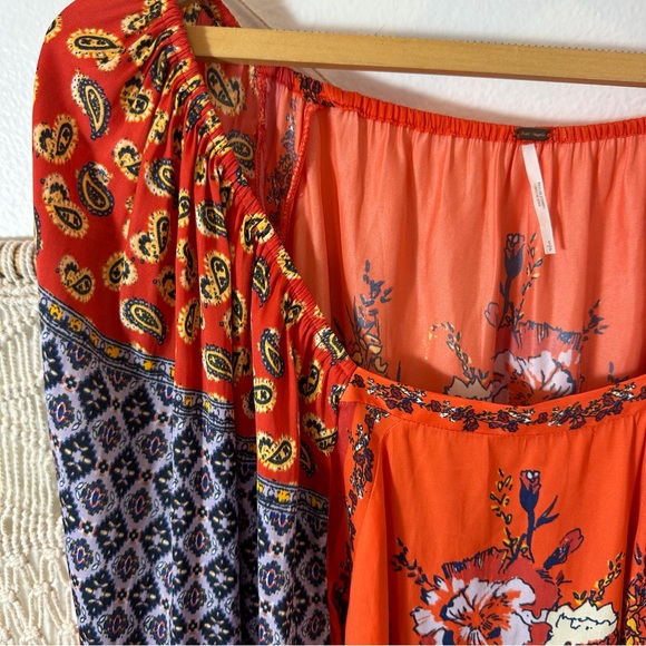 70s Free People Bright Orange Red Tapestry Bohemian Floral Peasant Blouse Small - Picture 8 of 11